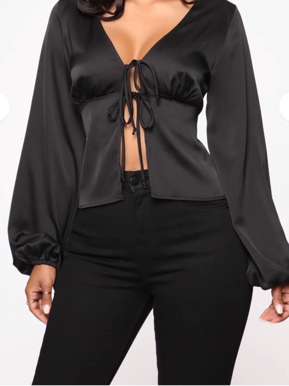 Fashion Nova Black Satin Tie-Front Long Sleeve Crop Top